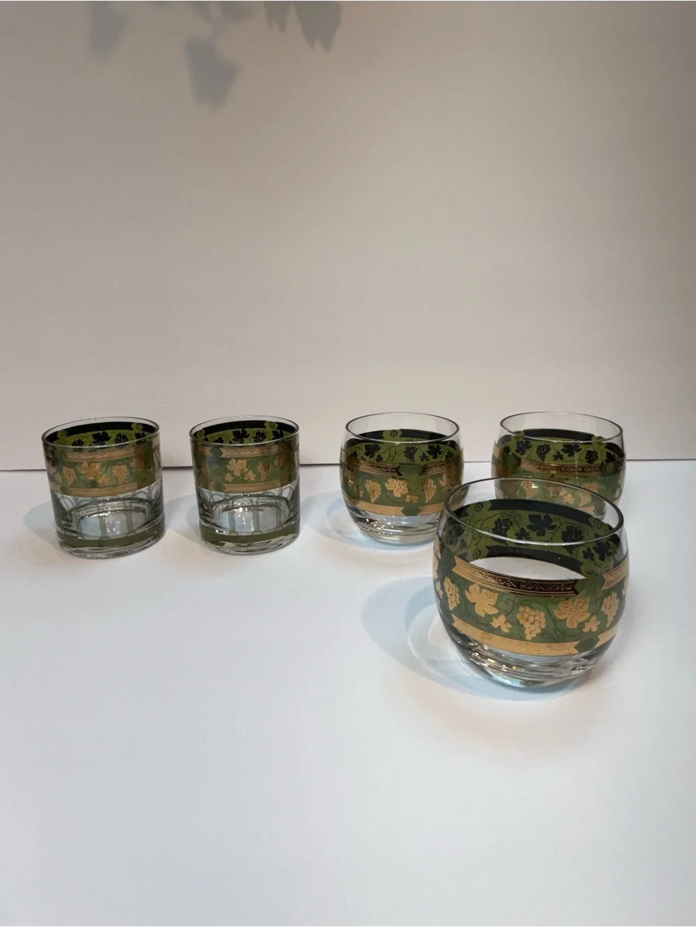 Vintage Green Cera Glass Golden Grapes  Barware Set of 5- MCM